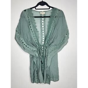 Elan Kimono Cardigan Womens Small Sage Green Crochet Lace Tie Front VCL6025